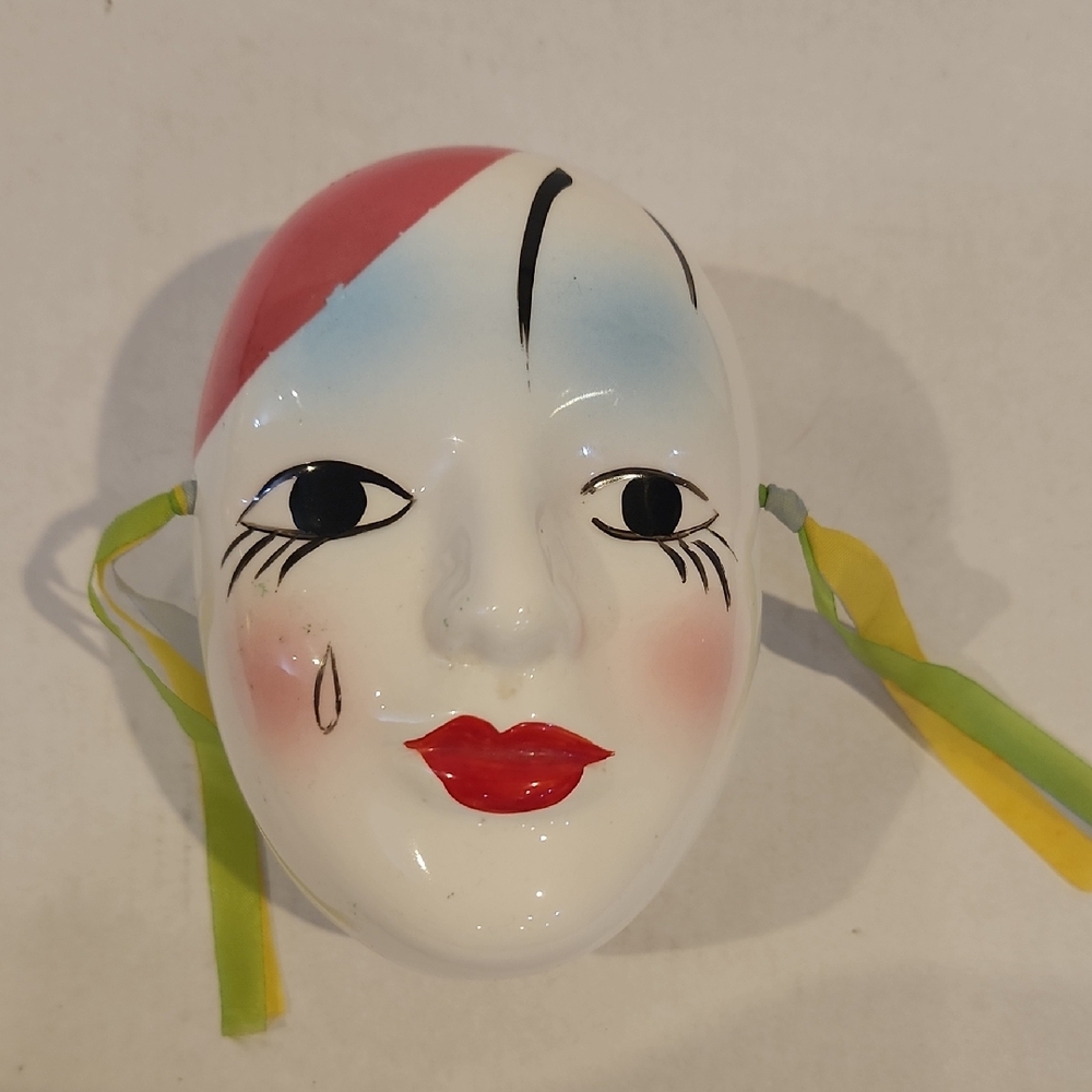 Vintage Colorful Ceramic Mask with Ribbons